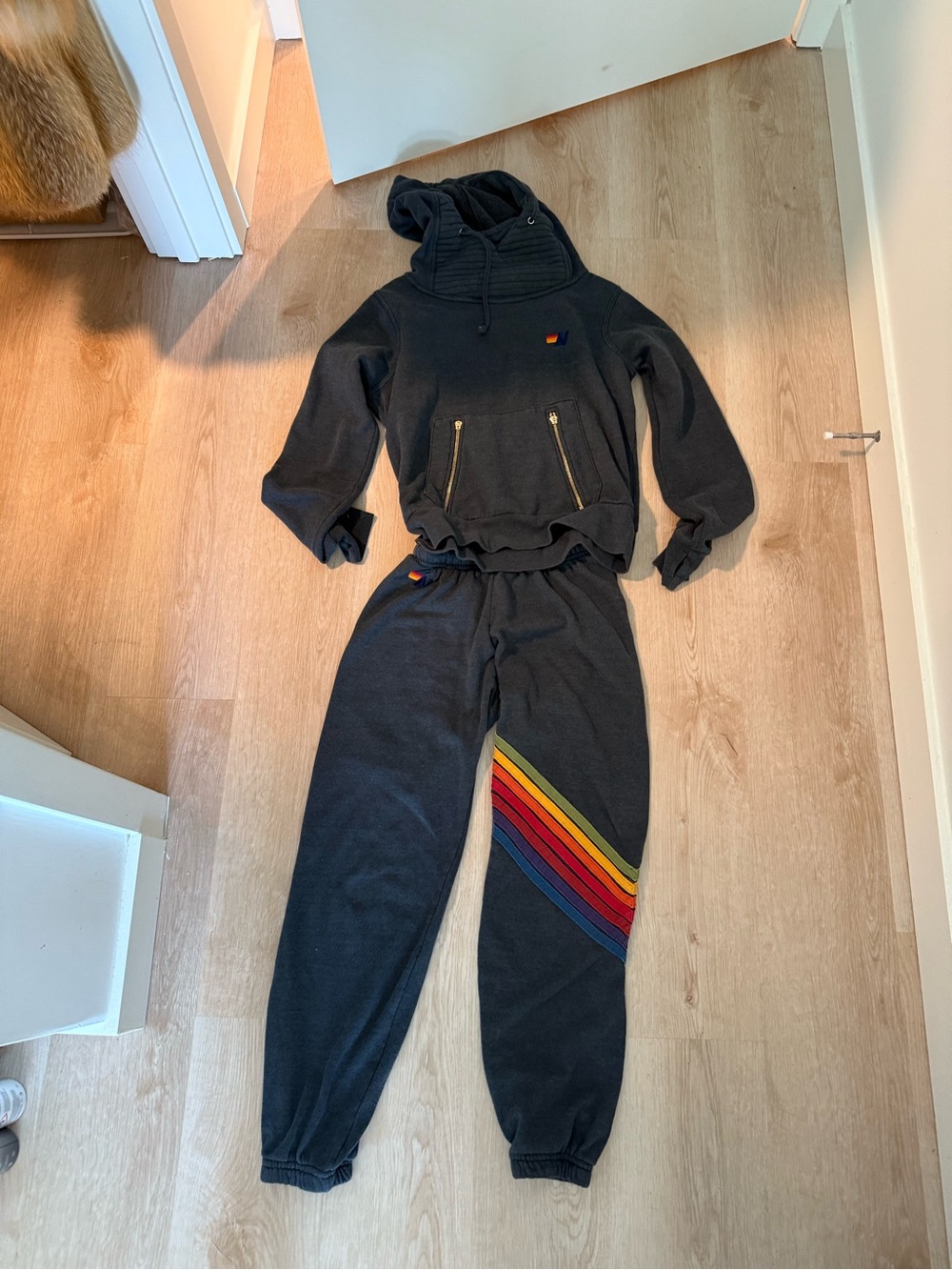 Aviator nation $400 set Charcoal Hoodie & Jogger Set with Rainbow Stripe - Picture 3 of 14